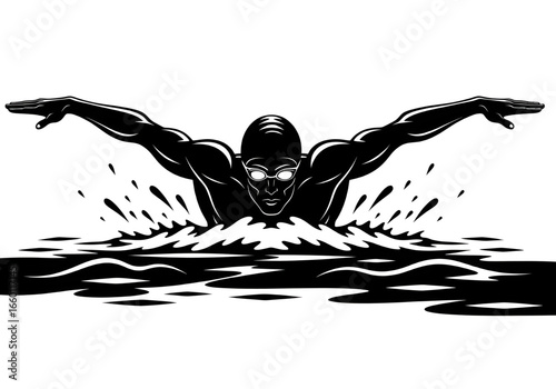 Black and white silhouette of a swimmer performing the butterfly stroke, wearing swimming goggles and a swim cap, in a dynamic horizontal position within the water. Vector Illustration.