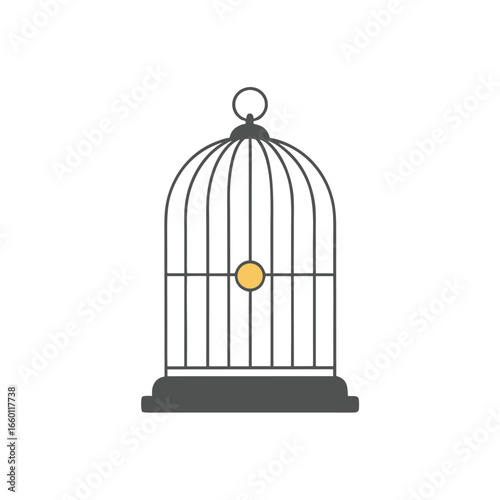 Simple flat design of a dark grey birdcage with a yellow circular perch on a white background empty