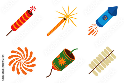 Firecracker icons set, rocket, sparkler, wheel, garland crackers, festive burst shapes, celebration vector elements