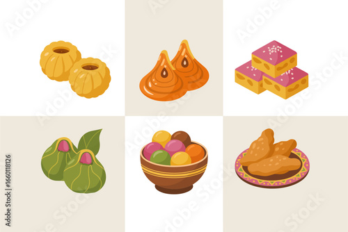 Indian sweets icons, laddoo modak barfi, festive dessert bowls, celebration food vector, traditional treat clipart
