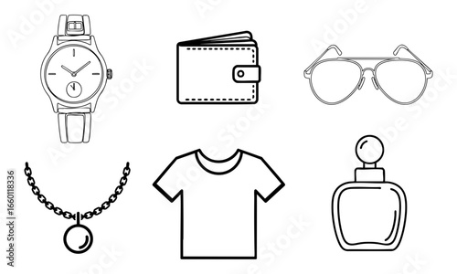 Illustration of a watch, wallet, sunglasses, necklace, t shirt and perfume bottle in black outline