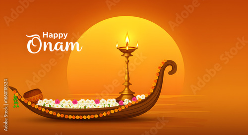 Happy onam snake boat lamp festival decoration flower sunset background illustration Kerala culture tradition vector art holiday celebration