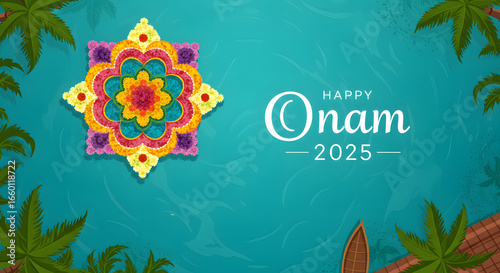 Happy onam 2025 pookalam festival background design water kerala backwater illustration vector art flower rangoli tradition culture holiday