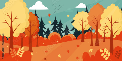 Autumn forest landscape. Bright landscape of mixed forest in autumn. Vector.