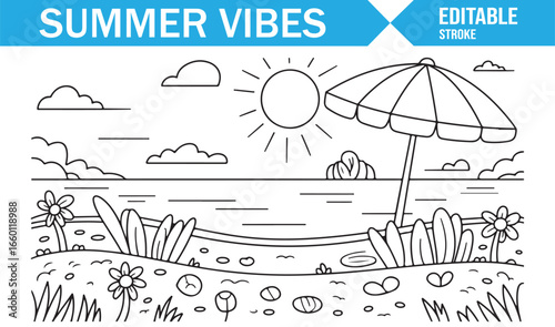 Vibrant summer vibes at the beach, with clear skies, gentle waves, and a beach umbrella for shade.