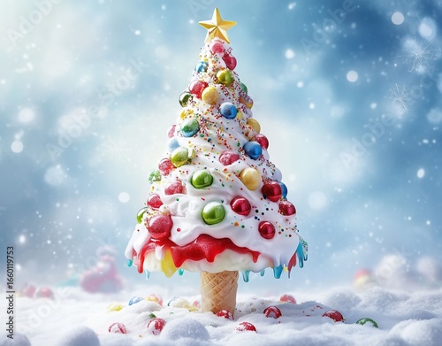 Wallpaper Mural Unique Christmas Ice Cream Cone Tree Dessert with Colorful Candies and Snowy Winter Landscape Torontodigital.ca