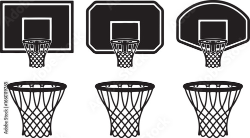 Vector art of set of basketball hoop and net icons for sports and recreation