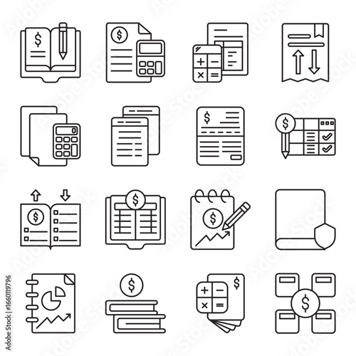 Ledger book set of web icons in line style. Ledger Book, Accounting, Finance, Budget Planner and Expense Tracker. Vector illustration