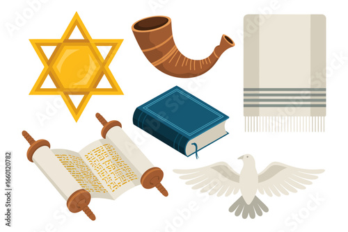 Star of David open Torah shofar tallit dove, spiritual tradition icons, festival vector set