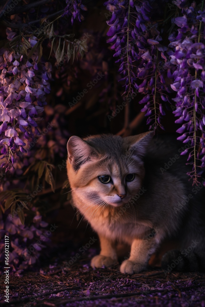 Obraz premium Golden Cat Under Wisteria Blossoms at Dusk
