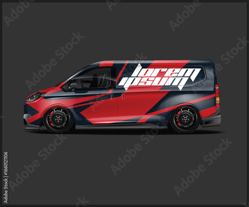 Sleek Van Design with Bold Red and Black Graphics and White Text Overlay