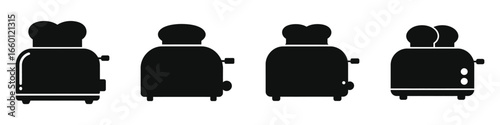 Set of Four Black Silhouette Toasters with Toast Slices, Classic Kitchen Appliance Icons, Various Designs of Bread Toasters for Breakfast and Cooking Vector Illustrations