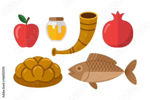 Sweet new year foods, apple honey pomegranate dates grapes with challah, festive celebration vector set