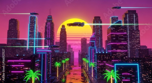 Wallpaper Mural Experience the Vibrant Energy of a Retro Futuristic Cityscape at Sunset Torontodigital.ca