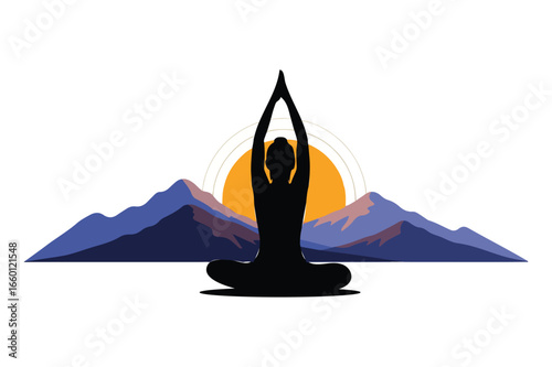 Serene Yoga Silhouette Against Majestic Mountain Backdrop Meditative Stillness and Harmony with Nature Mindfulness and Well being