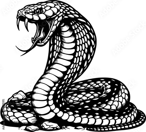 A striking black and white illustration of a menacing cobra with its hood flared and fangs bared, ready to strike.