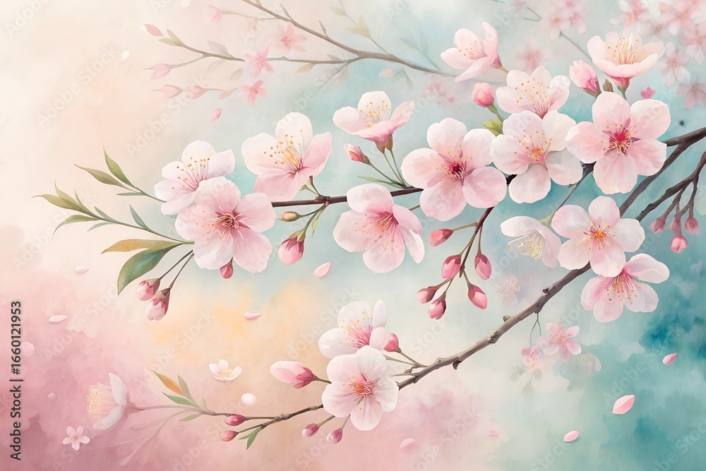 Obraz premium Soft pastel watercolor background with blooming cherry blossoms and delicate brush textures, elegant abstract floral art for design projects