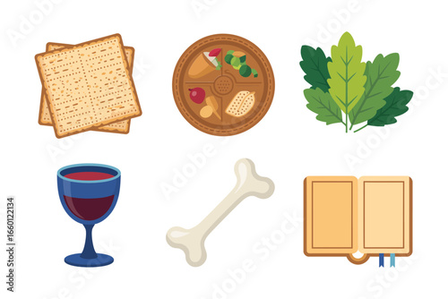 Passover elements set, matzah wine bone lettuce, prayer book, holiday dinner symbols, simple vector icons