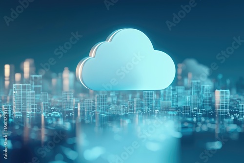 Futuristic 3D cloud icon glowing above digital city wireframe, symbolizing cloud computing, data storage, and technology, perfect for IT presentations, innovation, and business solutions