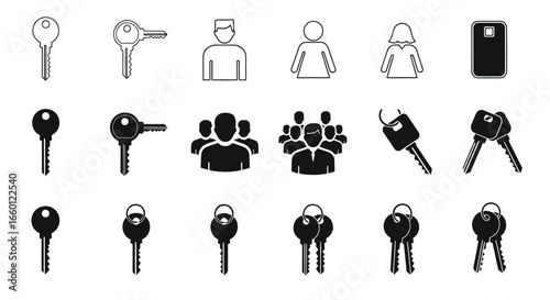Various keys and people icons displayed in a monochrome set