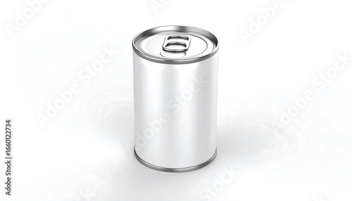 A blank, metallic food can stands on a plain white surface, showcasing its cylindrical shape and smooth texture.