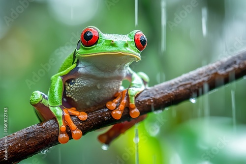 A vibrant red-eyed tree frog perches on a branch during rainfall in a lush green rainforest setting.