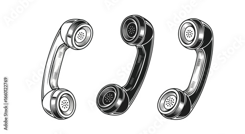 Three vintage telephone handsets isolated on white background