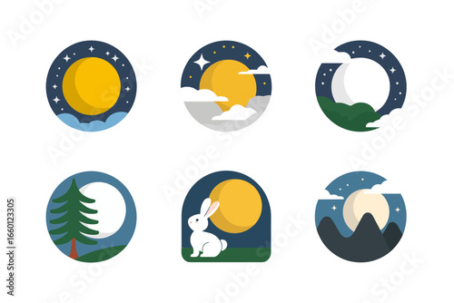 Moon phases icon set, lunar cycle badges, night sky symbols, astronomy vector collection
