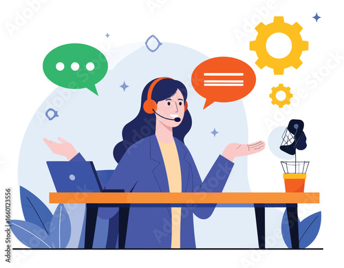 Customer service representative in headset with speech bubbles and gears