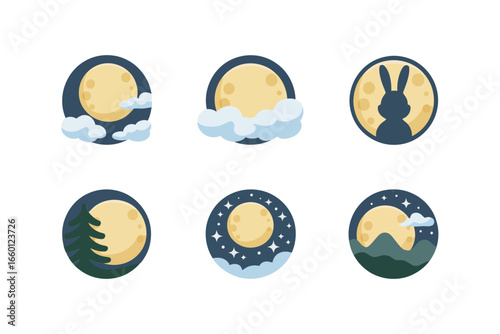 Moon phases collection, waxing and waning, full new crescent gibbous, round badges, astronomy vector set