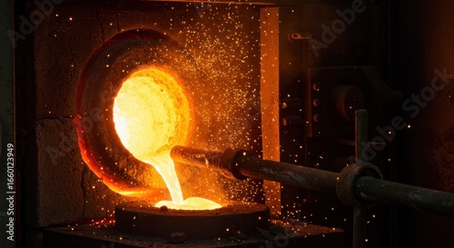 Molten metal pouring from crucible into mold, industrial furnace, sparks, heat, glowing.