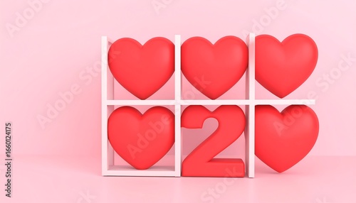 A charming display of red hearts arranged in a white shelf, showcasing the number two, creating a sweet and romantic visual.