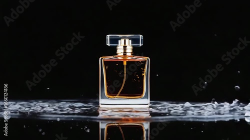 Amber perfume bottle with dynamic water spalshes.