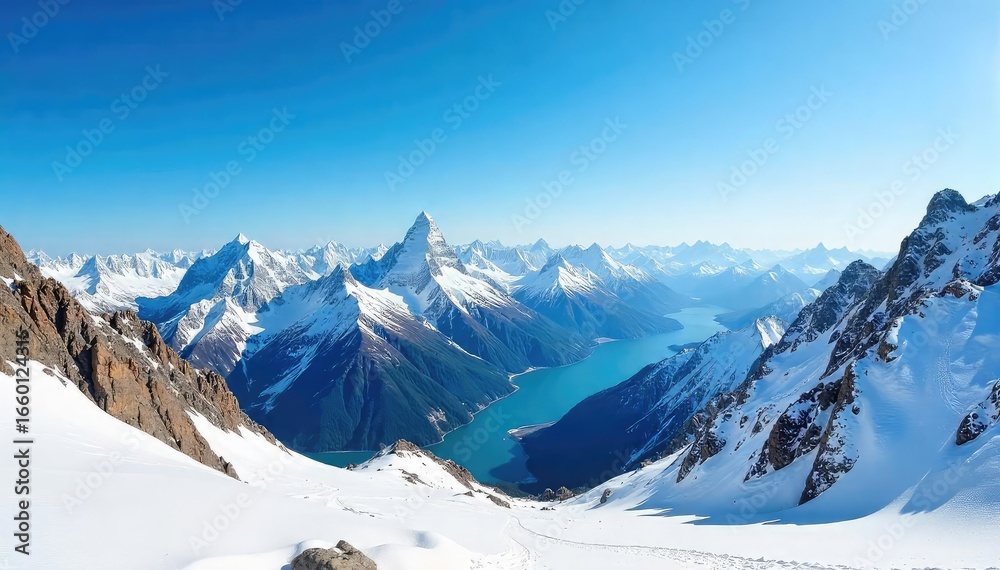 Obraz premium Breathtaking panoramic view of snow-capped mountain peaks, rugged terrain, and a vast, clear blue sky Perfect for adventure, travel, and nature projects , terrain, beautiful