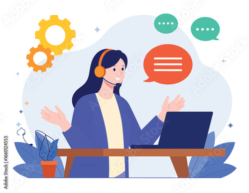 Friendly female customer service agent with headset working on a laptop, providing online support and consultation.