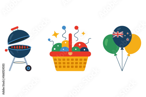 Picnic basket and grill, balloons decoration, Labour Day party icons, festive celebration vector set