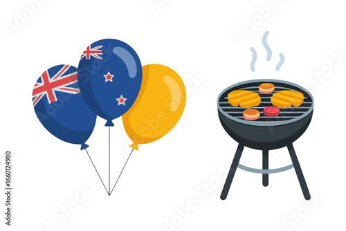 New Zealand celebration icons, flag balloons and barbecue grill, summer picnic party elements, travel theme, outdoor cooking, holiday illustration, vector clipart, tourism graphics, festive design