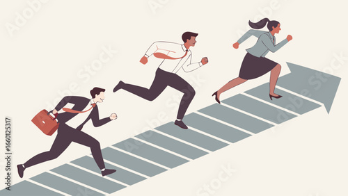 Business People Running on Arrow Stairs Towards Success Career Growth.
