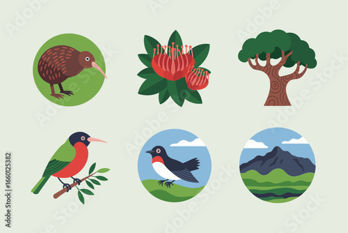 New Zealand wildlife and landscape badges, native bird in flight, pohutukawa red blossoms, tree, round scenery icons, travel souvenir vector, nature illustration, tourism clipart collection