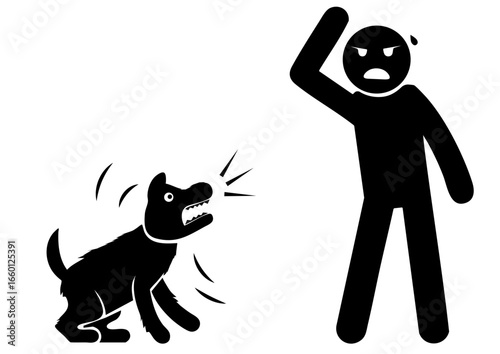 Flat Vector Illustration of a Man Defending Himself from a Barking Dog – Panic, Nervous Expression, and Defensive pictogram. Street dog barking at the man and a panicked man chasing the dog away