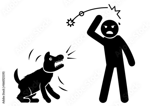 Flat Vector Illustration of a Man Defending Himself from a Barking Dog – Panic, Nervous Expression, and Defensive pictogram. Street dog barking at the man and a panicked man chasing the dog away