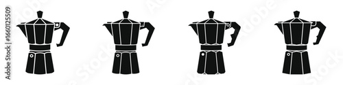 Moka Pot Silhouette Icon Set Isolated on White Background – Italian Coffee Maker Vector Illustration for Kitchen, Cafe, Espresso, Brewing, Barista, and Home Decor Concepts