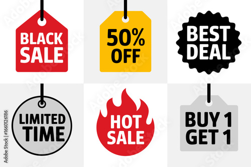 Black sale badges, discount stickers, fifty percent off, best deal icons, limited time, hot sale, buy one get one, marketing vector set, retail promotion graphics
