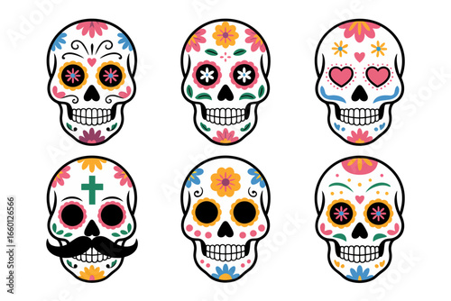 Day of the dead sugar skulls, colorful decorated skull faces, floral patterns and hearts, mexican holiday art icons, fiesta vector clipart set, cultural celebration graphics