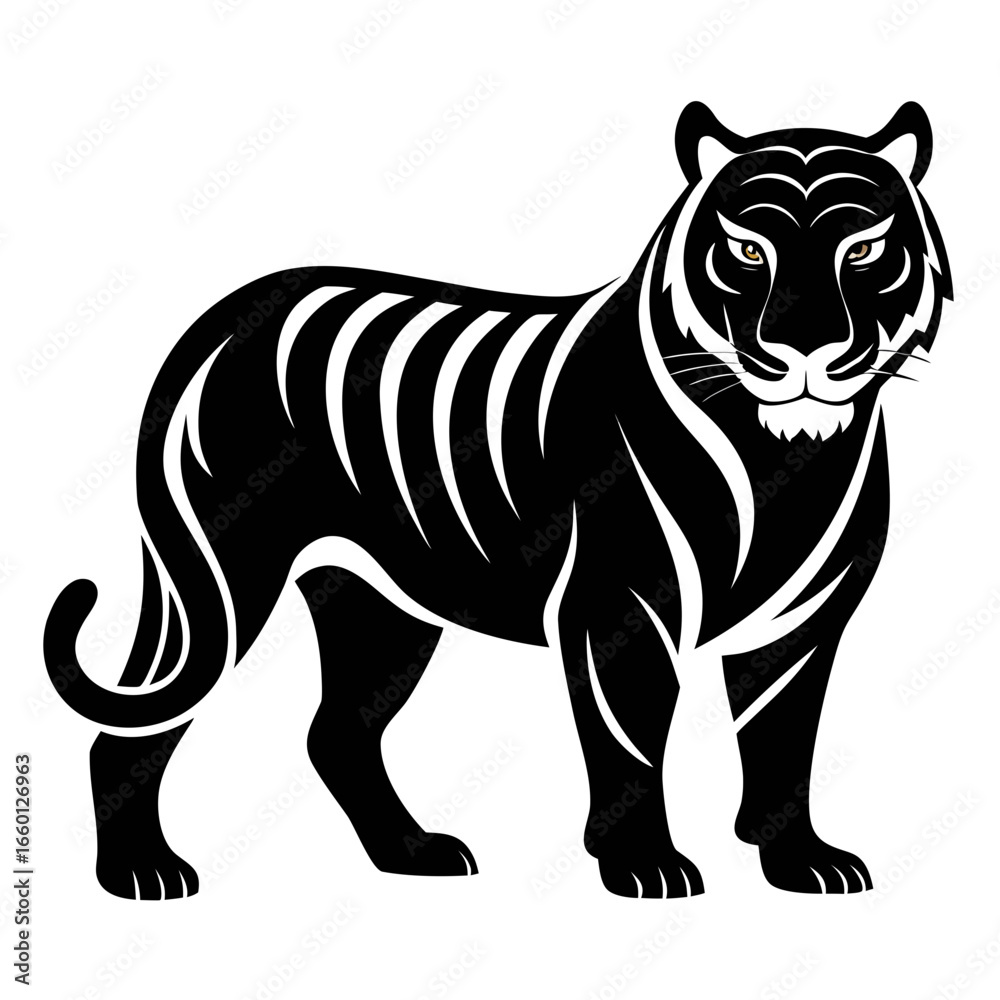 Naklejka premium Stylized black tiger illustration with white stripes and yellow eyes