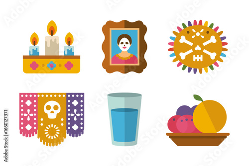 Altar ofrenda scene, candles framed portrait, papel banners, bread fruit drinks, marigolds and photo, remembrance vector illustration, cultural celebration elements