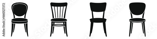 Dining Chair Silhouette Icon Set Isolated on White Background – Modern and Classic Chair Vector Illustration for Home, Kitchen, Interior Design, Furniture, Restaurant, and Seating Concepts