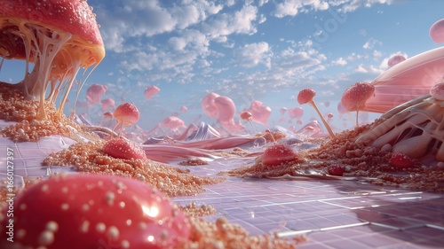 Shiny pink mushrooms glisten with dew along a flowing pastel path in a surreal fantasy landscape under a bright sky