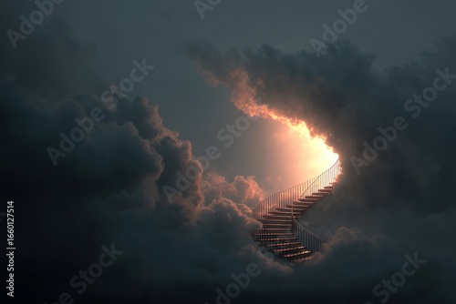 A spiral staircase ascends through swirling clouds towards a bright light source.
