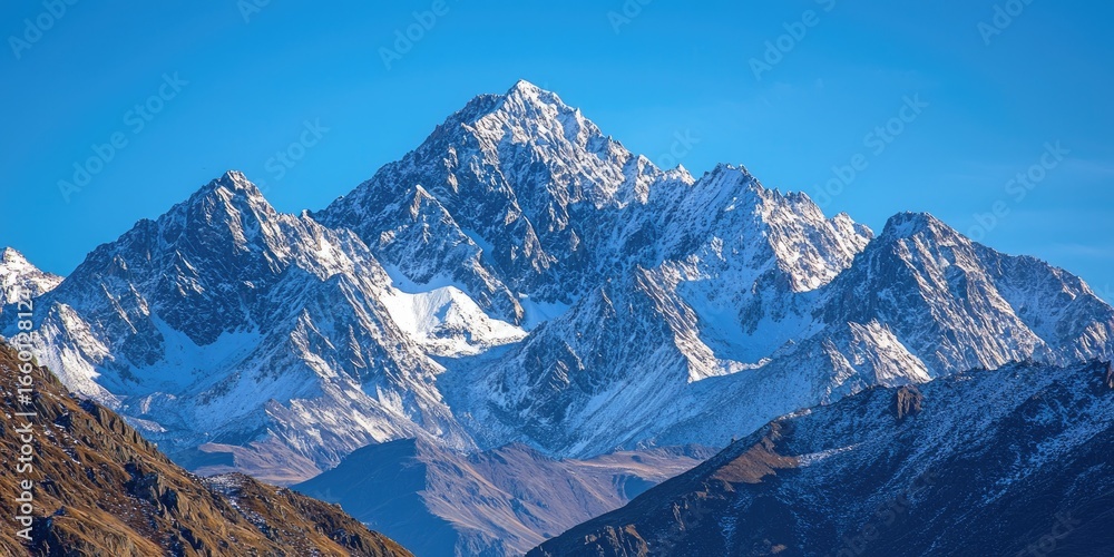 Obraz premium rugged mountain peaks with snow-capped summits, the crisp air and clear sky emphasizing the grandeur of the landscape.